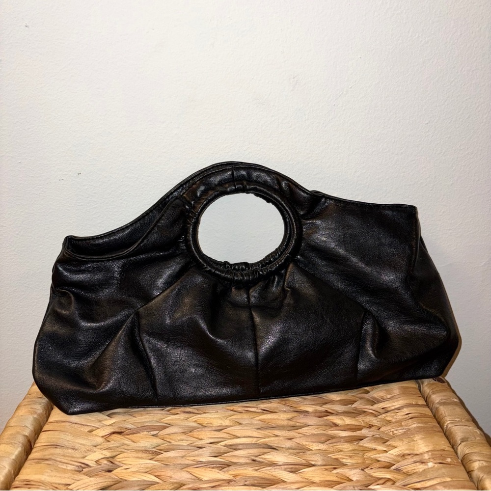 Pleated Black Faux Leather Handbag